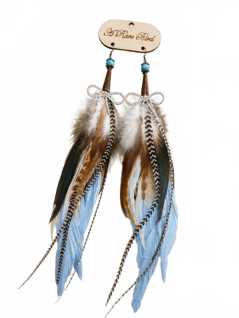 NEW A RARE BIRD women's feather earrings in bow/blue